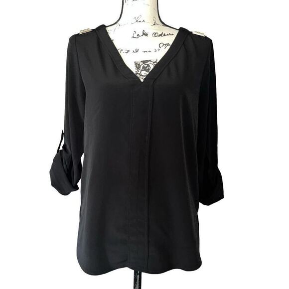 Zara Basic black roll sleeve v-neck blouse medium - Picture 1 of 7